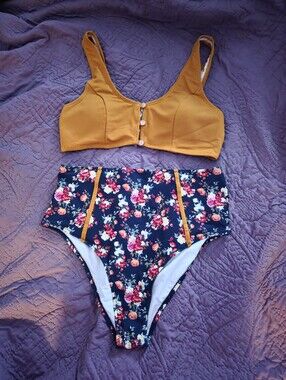 Cupshe NWT Mustard Yellow Bralette Bikini Top with Floral High-Waist Bottoms